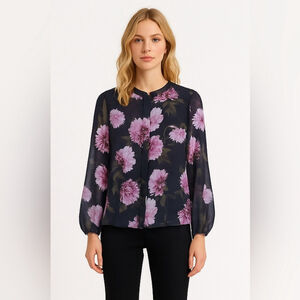 Hugo Boss Navy and Pink Floral Blouse Sheer – Size 4